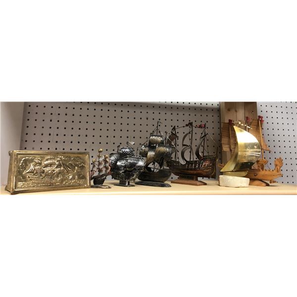 Group of metal and wood ships and boats decorative pieces
