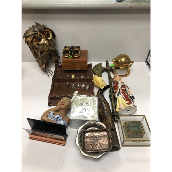 Large group of set dec decorative items - includes jewelry glass boxes/golden globe/pair of binocula