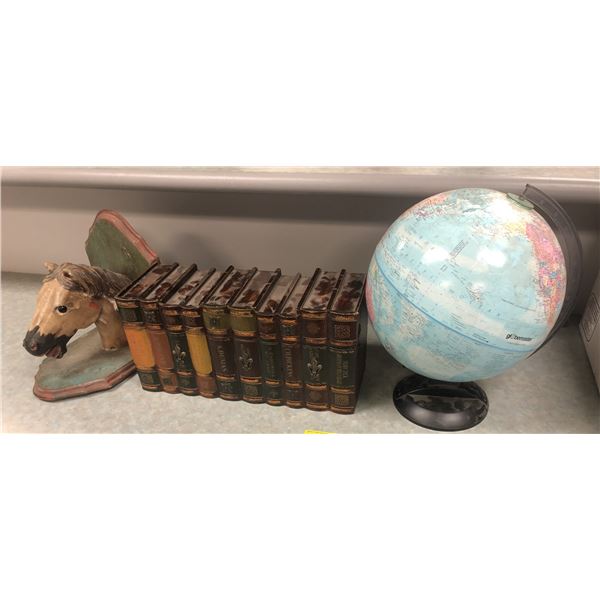 Group of misc. set dec items - includes globe/ wooden prop books box & vintage wooden horse head wal