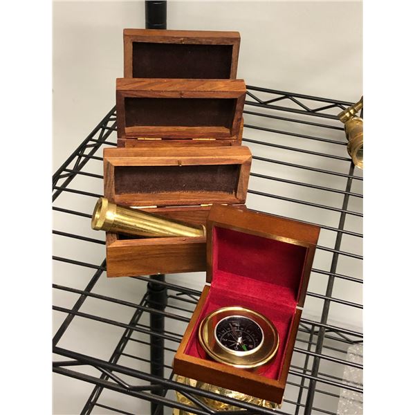 3 small brass telescopes with wooden boxes - includes mini metal compass w/wooden box