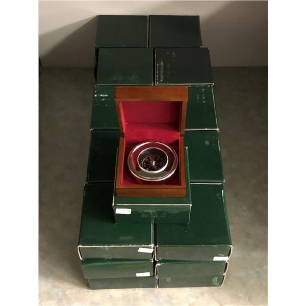 Small metal desk compass w/ wooden and velvet box - 30 pieces (boxes 3 x 3 x 1.5 inches)