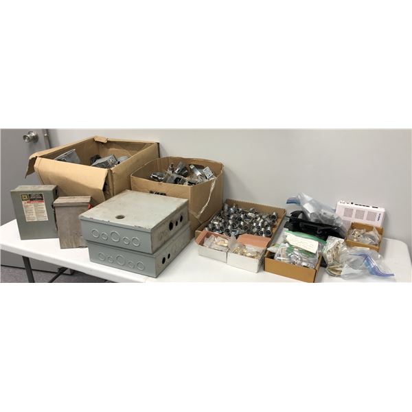 Large group of Misc. electronical hardware - includes switch boxes/commercial lamps/clamps etc.