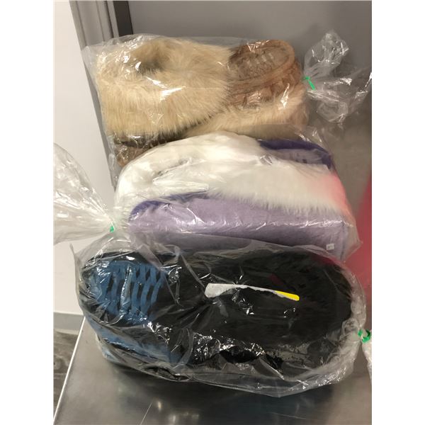 3 pairs of handcrafted fur-lined moccasin - includes purple and white size 7/blue and black size 7/l