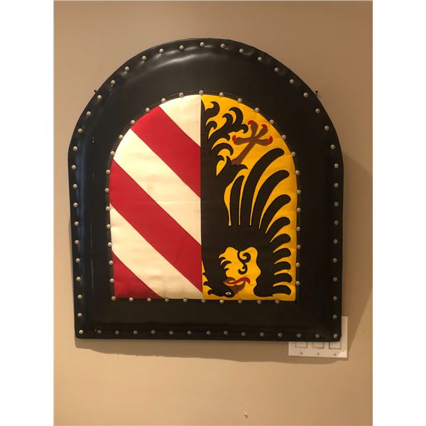 "Motherland Fort Salem" - Watches flag shield on wood and leather plaque (approx 29 1/2" x 32")