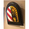 Image 2 : "Motherland Fort Salem" - Watches flag shield on wood and leather plaque (approx 29 1/2" x 32")