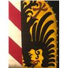 Image 3 : "Motherland Fort Salem" - Watches flag shield on wood and leather plaque (approx 29 1/2" x 32")