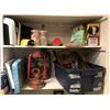 Image 1 : Shelf full ofs of misc. set dec items - includes retractable lap seat belt/salt rocks/boxing masks/l