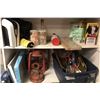 Image 2 : Shelf full ofs of misc. set dec items - includes retractable lap seat belt/salt rocks/boxing masks/l