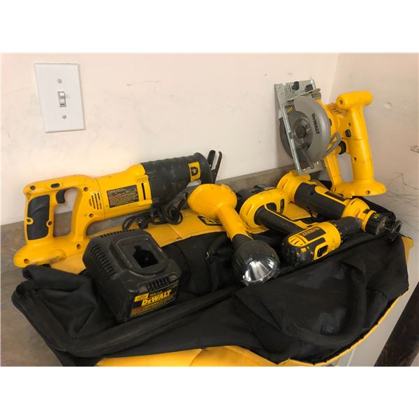 Group of assorted DeWalt power tools - includes flashlight/trim saw/drill etc.