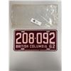 Image 1 : Vintage British Columbia 1962 Licence Plate
