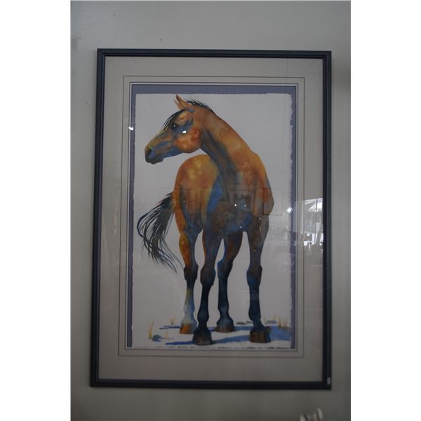 FRAMED WATERCOLOR ON PAPER, "UNTITLED", DEPICTING A HORSE STANDING W/HIS HEAD TURNED TO THE LEFT; SI