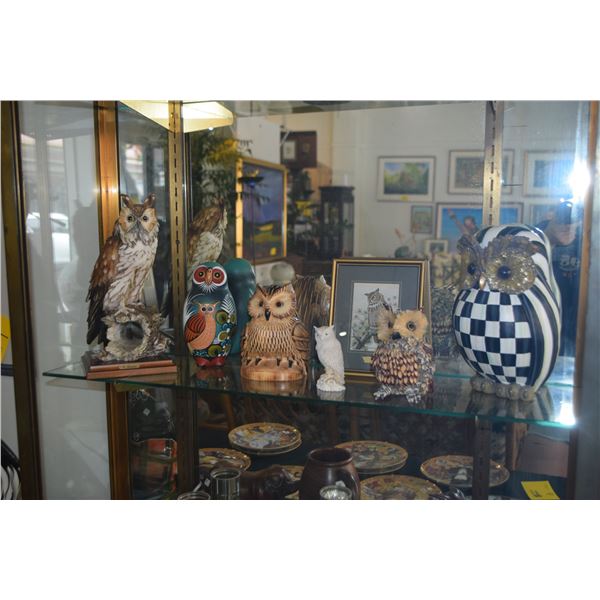 COLLECTION OF OWL FIGURINES & FRAMED WOVEN SILK PICTURE (7 PCS)