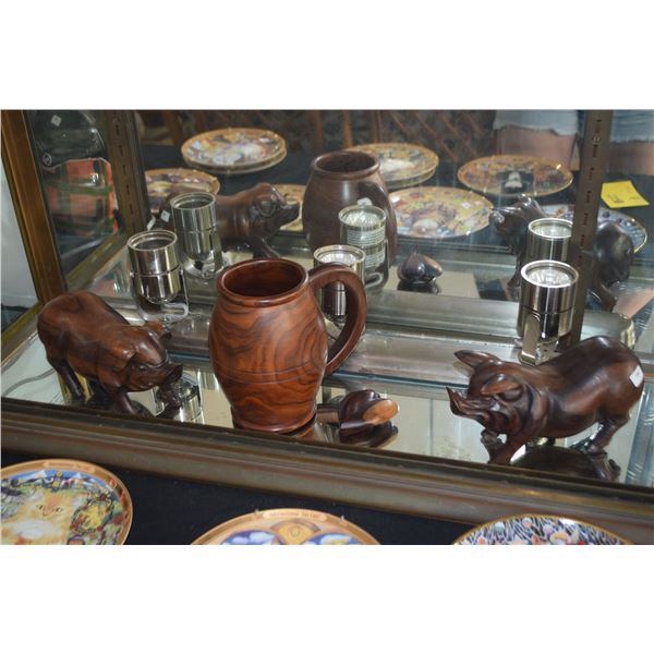 WOODEN BOAR FIGURES (MALE & FEMALE), WOOD MUG & HEART MIRROR (4 PCS)
