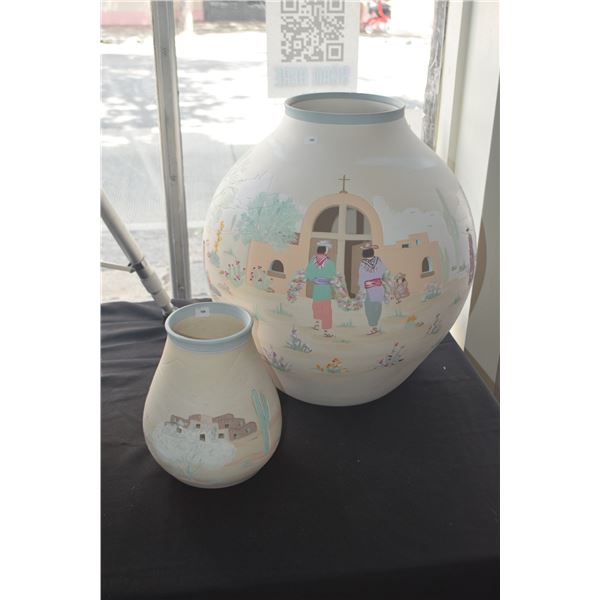 HAND PAINTED CERAMIC OVAL JAR W/HAND PAINTED SCENE OF A SOUTHWEST VILLAGE BY RED LINE STUDIOS (9" & 