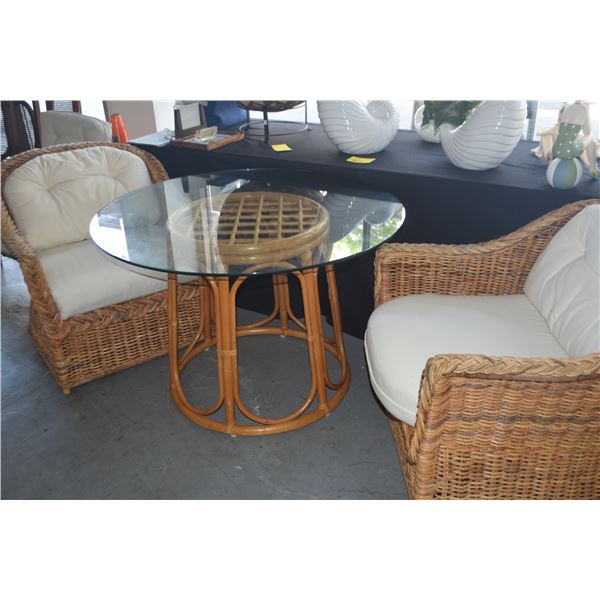 GLASS TOP TABLE W/RATTAN BASE & ARM CHAIRS W/CUSHIONS (3 PCS)