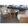 Image 1 : GLASS TOP TABLE W/RATTAN BASE & ARM CHAIRS W/CUSHIONS (3 PCS)