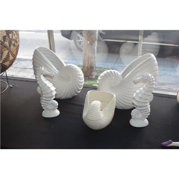 WHITE CERAMIC NAUTILUS SHELL FLORAL CONTAINERS & SEAHORSE FIGURINES (5 PCS) (DOES NOT INCLUDE FLOWER