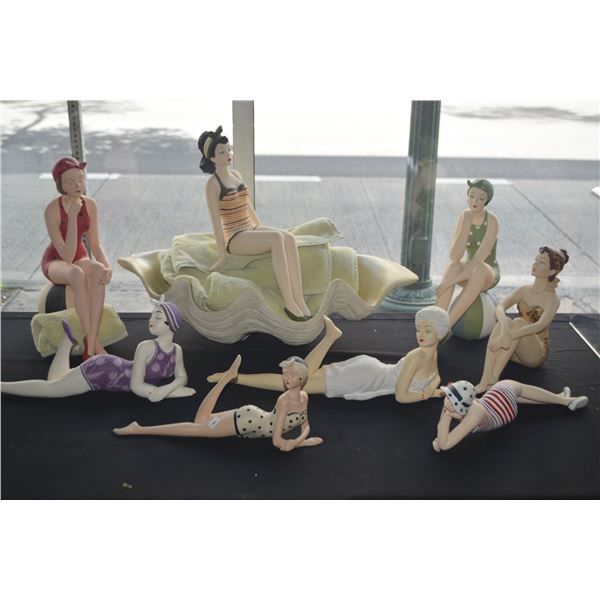 RETRO BATHING BEAUTY BEACH GIRL FIGURINES & FAUX CLAM SHELL (9 PCS)