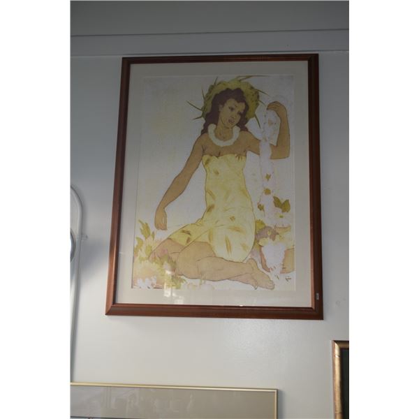 FRAMED ART PRINT; SOUTH SEAS MAIDEN MAKING LEI (26" X 34")