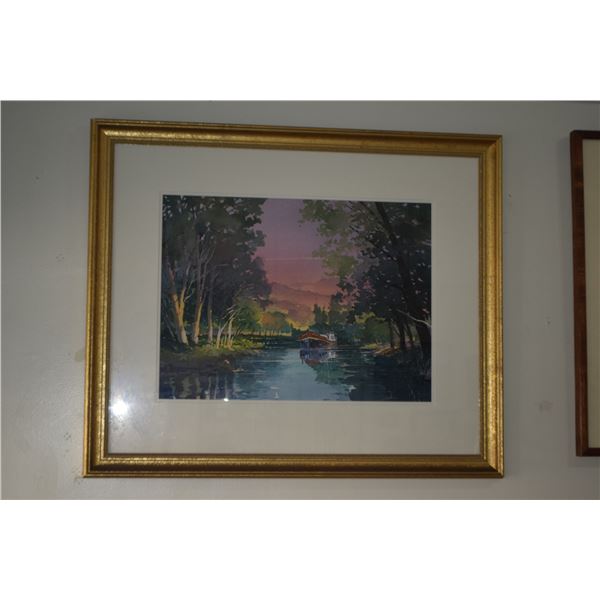 FRAMED WATERCOLOR ON PAPER, "REMINISCENCE OF BURGUNDY", DEPICTING A BARGE FLOATING DOWN A TREE LINED