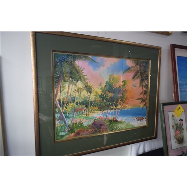 FRAMED WATERCOLOR ON PAPER, "PARADISE FOUND", DEPICTING A COLORFUL HAWAIIAN LANDSCAPE SCENE W/A WOOD