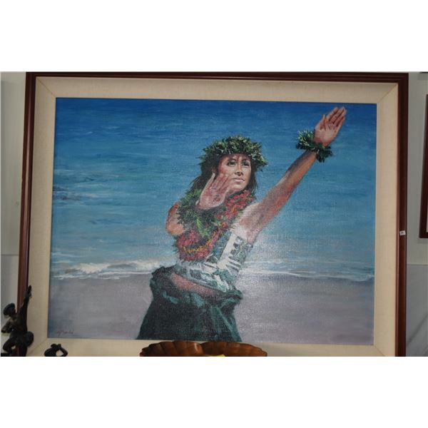 KOA FRAMED OIL ON CANVAS, HULA DANCER; SIGNED S. PASCHAL (46 1/2" X 36 1/2")