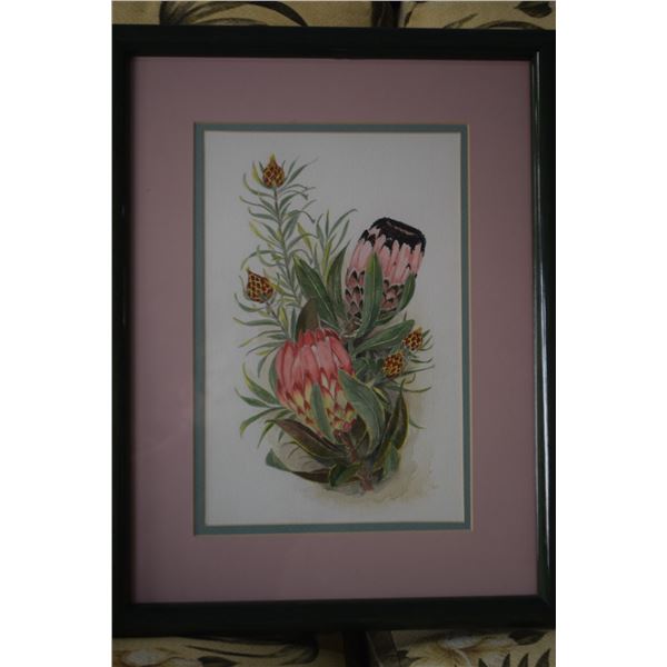 FRAMED PAINTING, "MAUI'S PROTEA"; BY HELGA M. VAINOWSKI (13 1/2" X 17 1/2")