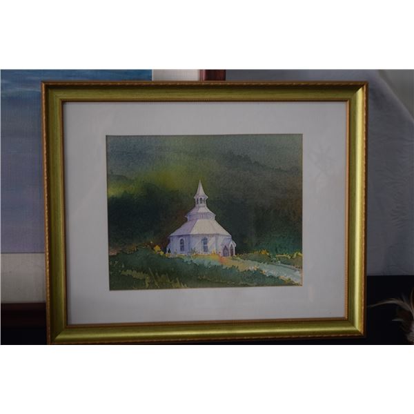 FRAMED WATERCOLOR ON PAPER, "HOLY GHOST CHURCH", DEPICTING THE OCTAGONAL HOLY GHOST CHURCH ON THE IS