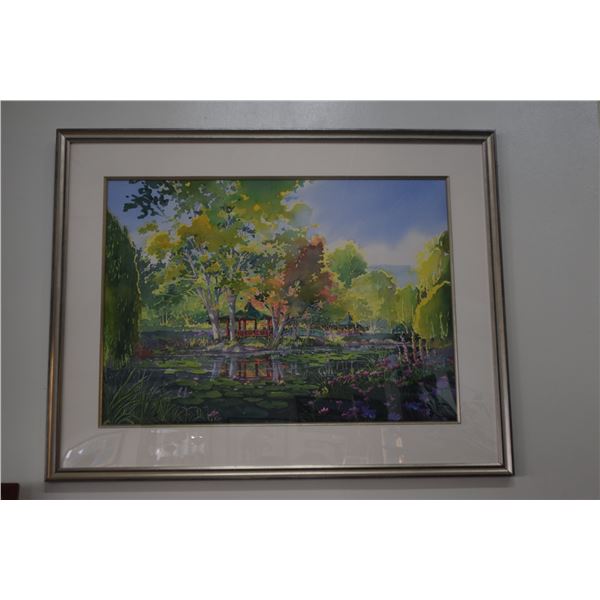 FRAMED WATERCOLOR ON PAPER, UNKNOWN TITLE, DEPICTING A PAVILION & A LILY POND IN A GARDEN; SIGNED & 