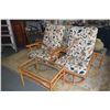 Image 1 : RATTAN SWIVEL ROCKERS W/CREWEL EMBROIDERED UPHOLSTERY & GLASS TOP RECTANGULAR TABLE (3 PCS)
