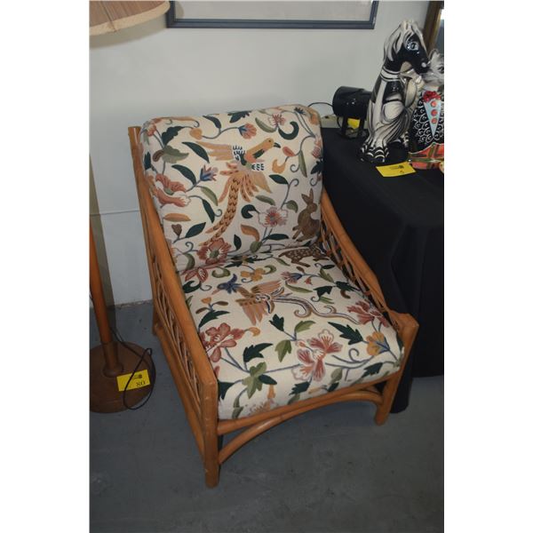 RATTAN ARM CHAIR W/CREWEL EMBROIDERED UPHOLSTERY