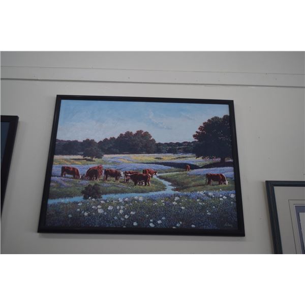FRAMED OIL ON CANVAS, "PARADISE", DEPICTING CATTLE GRAZING IN A PASTURE BY A SMALL STREAM; LEWIS LOL