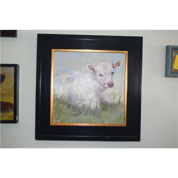 FRAMED OIL ON CANVAS, "UNTITLED", DEPICTING A CALF; LINDA ST. CLAIR (20" X 20")