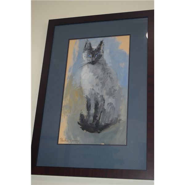 FRAMED ACRYLIC, CAT; SIGNED PAULINE SPARROW '62 (18" X 25 1/4")