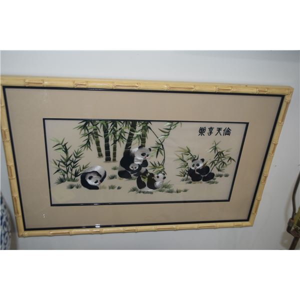 FRAMED EMBROIDERY, PANDAS (26" X 16 1/2")