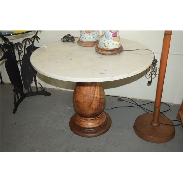 TURNED KOA TABLE BASE W/30" ROUND WHITE MARBLE TOP