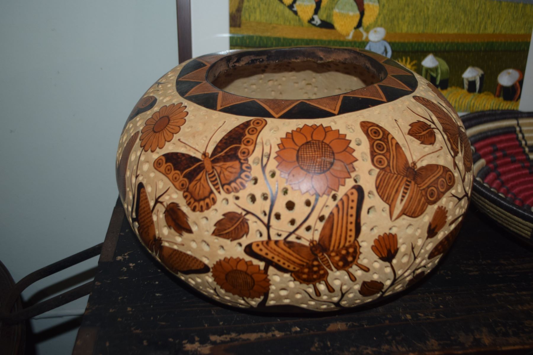 PERUVIAN PAINTED & PIERCED GOURD DECORATED W/A DESIGN OF BUTTERFLIES ...