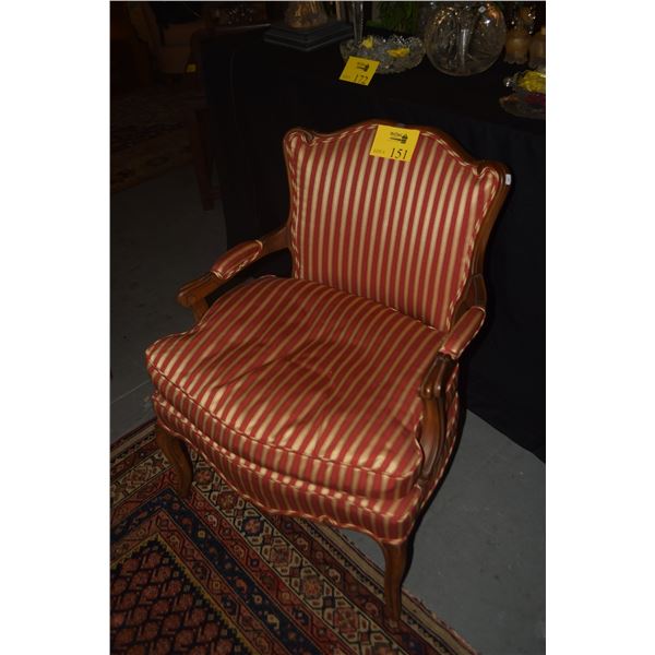 PAIR FRENCH STYLE UPHOLSTERED ARM CHAIRS