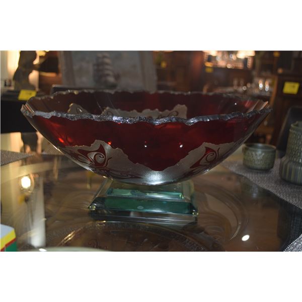 CRANBERRY GLASS PEDESTAL BOWL W/BUTTERFLY MOTIF (18 1/2")