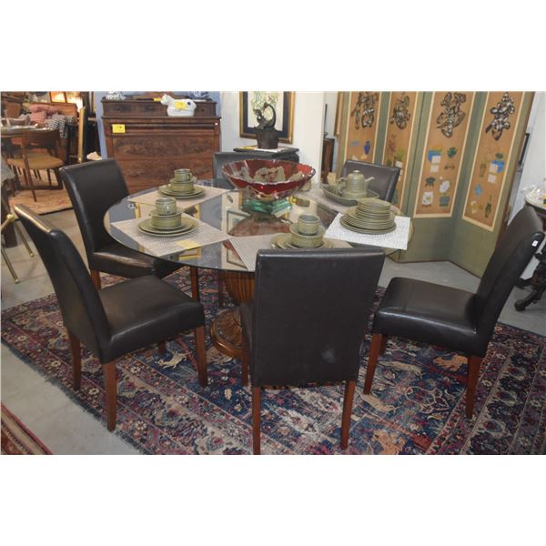 60" BEVELED GLASS TOP TABLE W/PEDESTAL BASE & 6 UPHOLSTERED SIDE CHAIRS