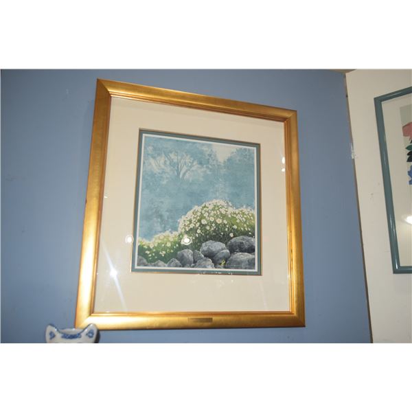 FRAMED WATERCOLOR ON PAPER, UNTITLED, DEPICTING BLOSSOMING WHITE DAISIES W/MISTY TREES IN THE BACKGR