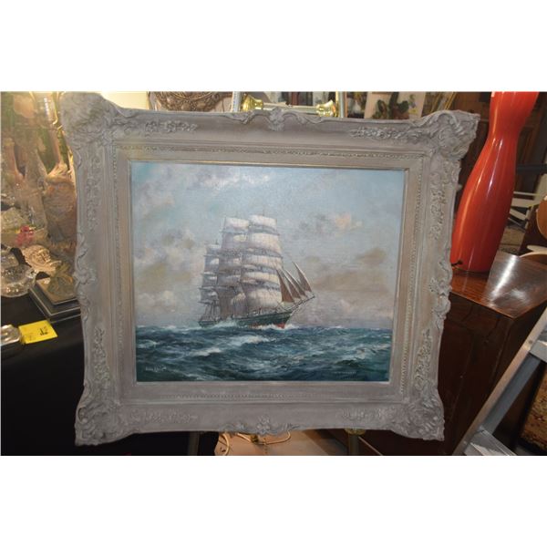 AUSTRALIAN OIL ON CANVAS LAID DOWN ON PANEL, "THEMOPYLAE", DEPICTING A THREE-MASTED CLIPPER SHIP; SI