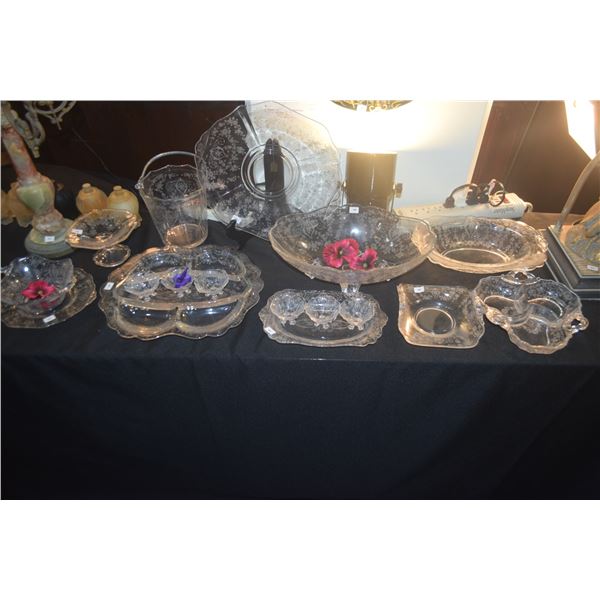 COLLECTION OF CAMBRIDGE WILD FLOWER ETCHED GLASS PLATES, BOWLS & SERVING PIECES (17 PCS) (DOES NOT I
