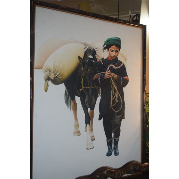 FRAMED CHINESE OIL ON CANVAS, "MONGOLIAN GIRL", DEPICTING A MONGOLIAN GIRL LEADING A PACK HORSE OR D
