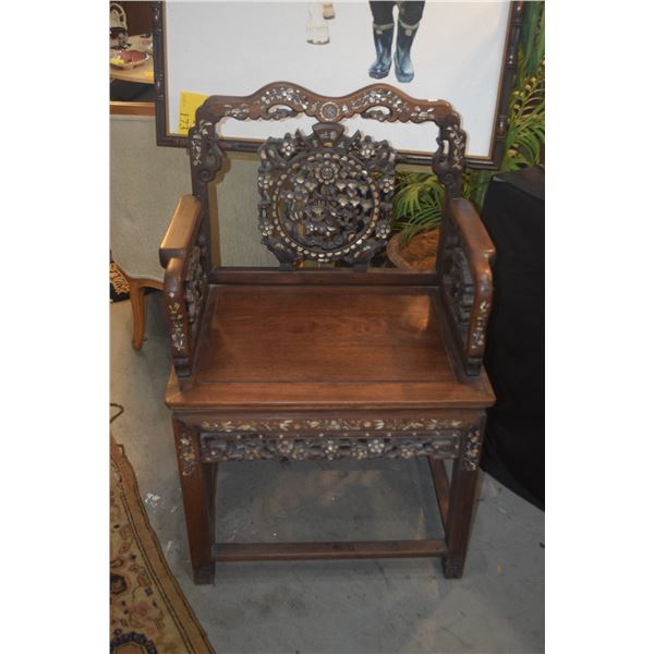 CHINESE CARVED ROSEWOOD CHAIR W/MOTHER OF PEARL INLAY