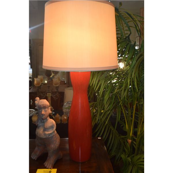 PAIR CINNABAR RED ENAMEL BASE TABLE LAMPS MANUFACTURED FOR STEPHEN E. EARLS, SEATTLE, EACH W/IVORY S