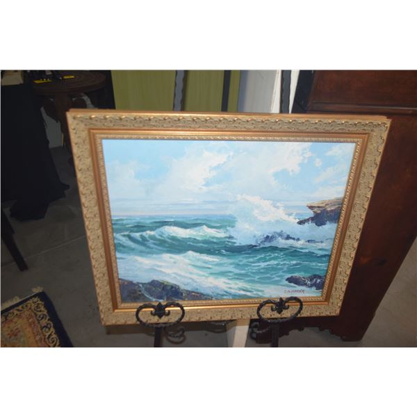 FRAMED OIL ON PANEL, UNTITLED, DEPICTING A HAWAIIAN SEASCAPE W/A WAVE BREAKING ON A ROCKY SHORELINE;