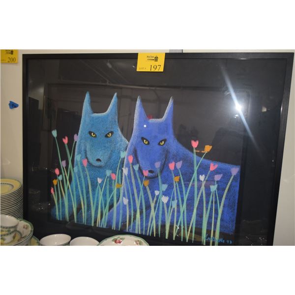 FRAMED PASTEL DRAWING ON PAPER, UNKNOWN TITLE, DEPICTING 2 WOLVES W/YELLOW EYES, CROUCHING BEHIND CO
