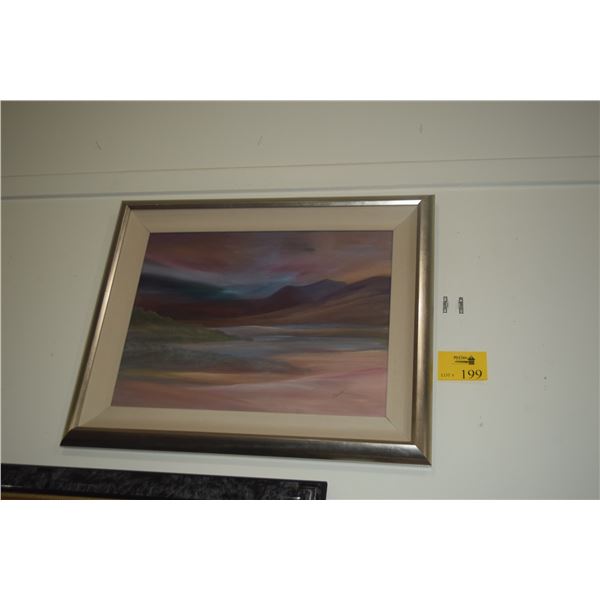 FRAMED WATERCOLOR ON PAPER, "SILKEN SKIES", DEPICTING A SWEEPING VIEW OF A MOUNTAIN, VALLEY & SKY TI