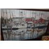 Image 1 : FRAMED OIL ON CANVAS, UNTITLED, DEPICTING FISHING BOATS MOORED IN A HARBOR; SIGNED JERRY D. MITCHELL